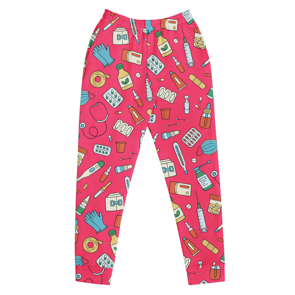 Women’s pink medical print recycled jogger pants with pockets cozy brushed fleece featuring colorful medical supplies