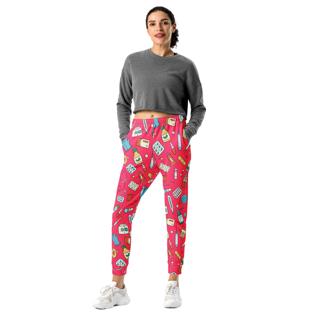 Women’s bright pink recycled jogger pants with playful medical supply print and cozy brushed inside fleece pockets