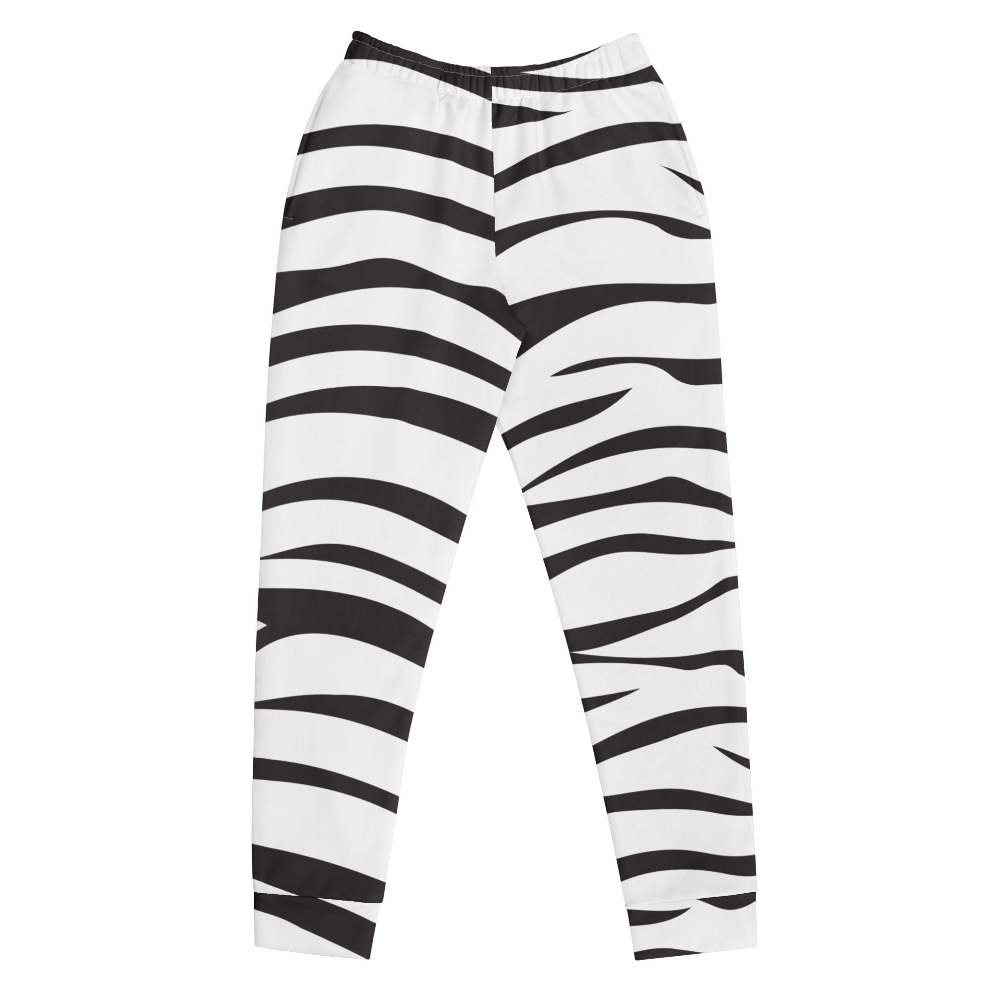 Women’s zebra print recycled jogger pants with stretchy waistband and pockets featuring cozy brushed fleece inside
