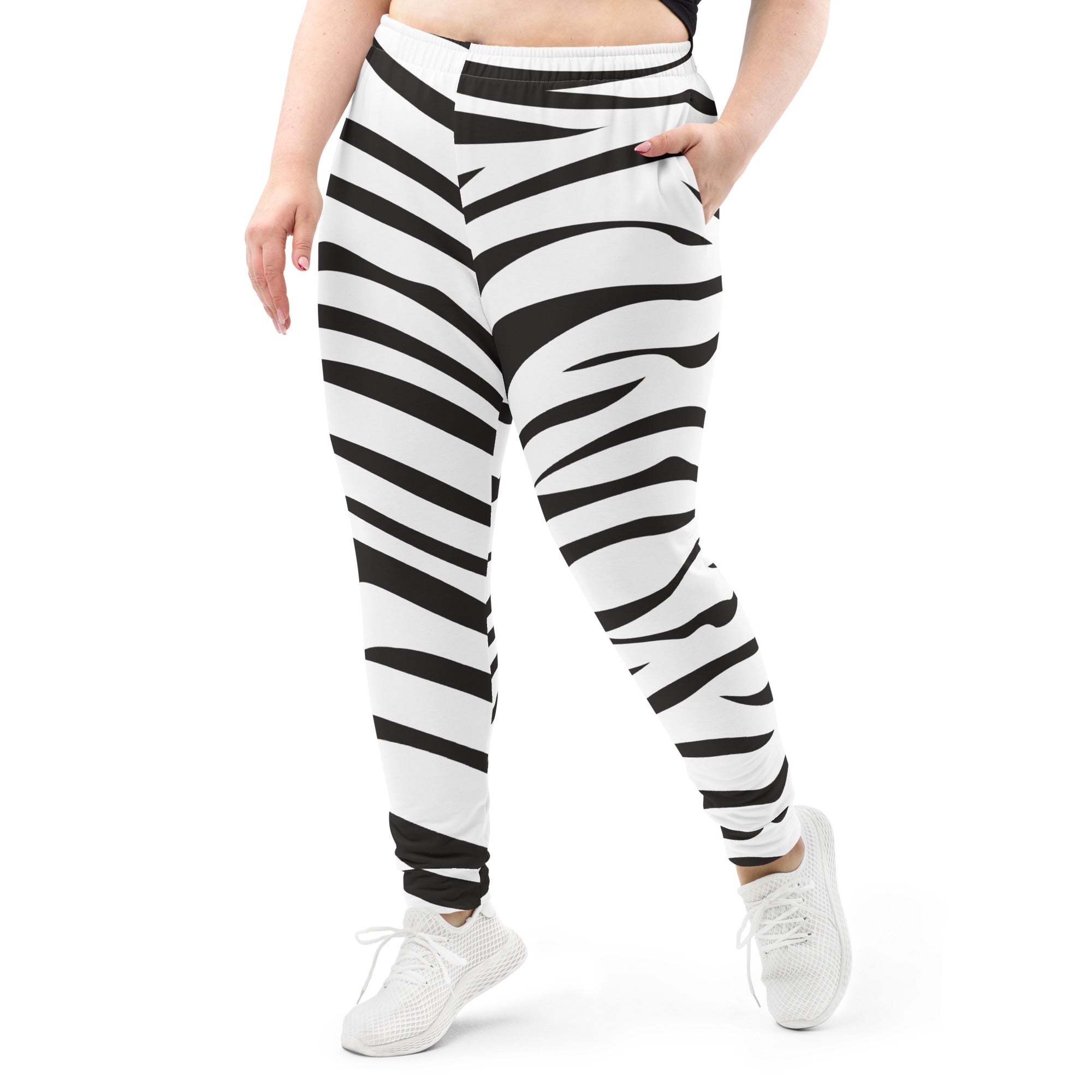 Women’s zebra print plus-size jogger pants with elastic waistband cuffed ankles cozy brushed fleece lining