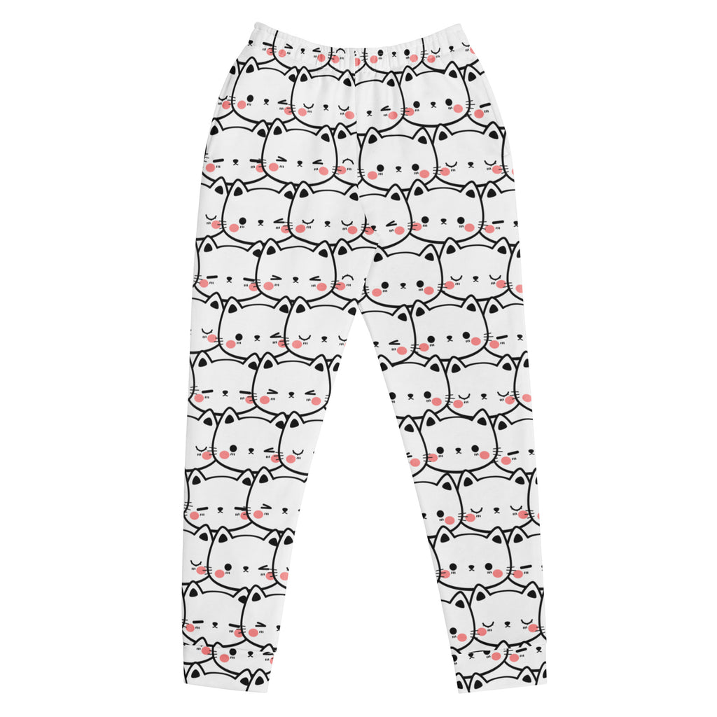 Women’s white recycled jogger pants with cozy brushed fleece and playful black-outlined cartoon cat print with pink cheeks