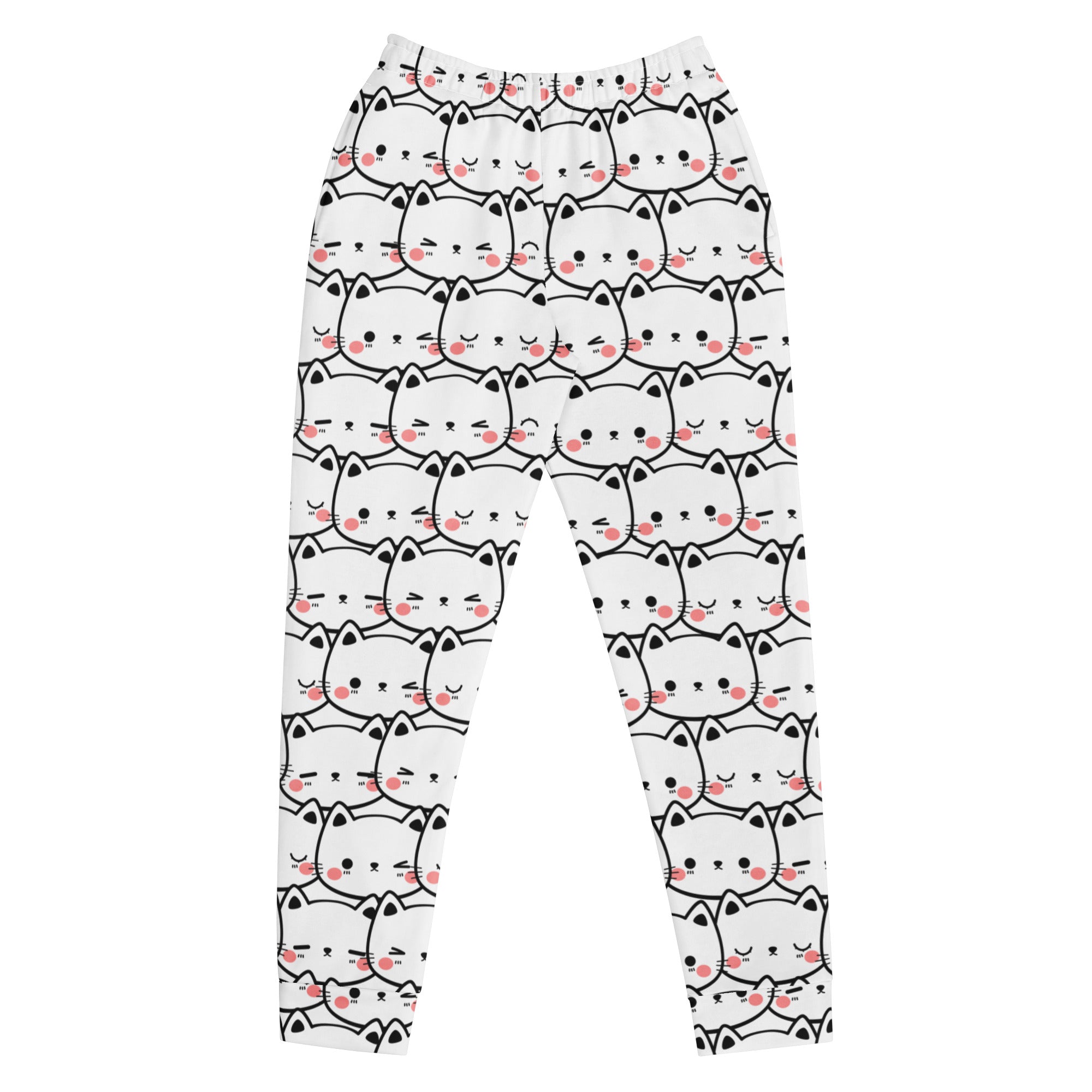 Women’s white recycled jogger pants with cozy brushed fleece and playful black-outlined cartoon cat print with pink cheeks
