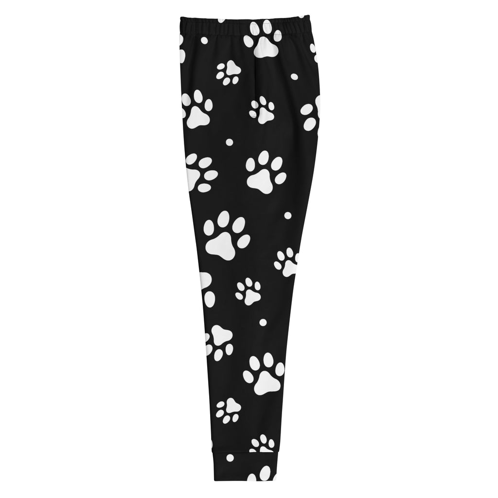 Women’s black recycled jogger pants with white paw print pattern and cozy brushed inside fleece lining and pockets