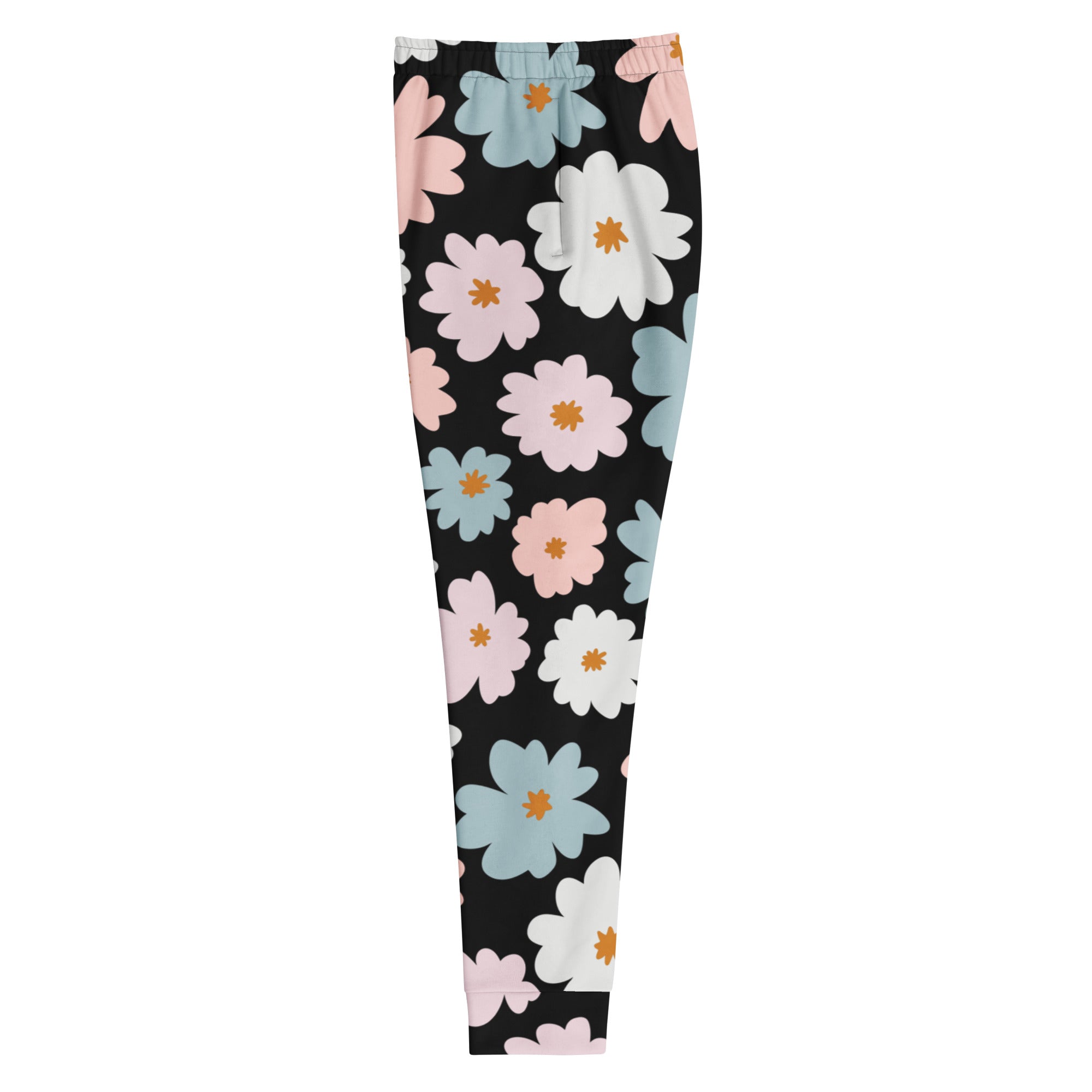Black leggings with pastel pink light blue and white daisy pattern featuring cozy brushed fleece inside and pockets