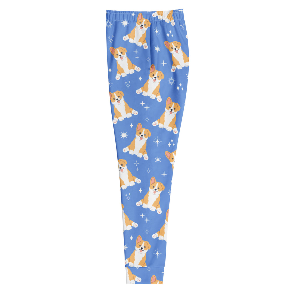 Women’s blue recycled jogger pants with cozy fleece inside featuring tan and white cartoon corgi dogs and starbursts