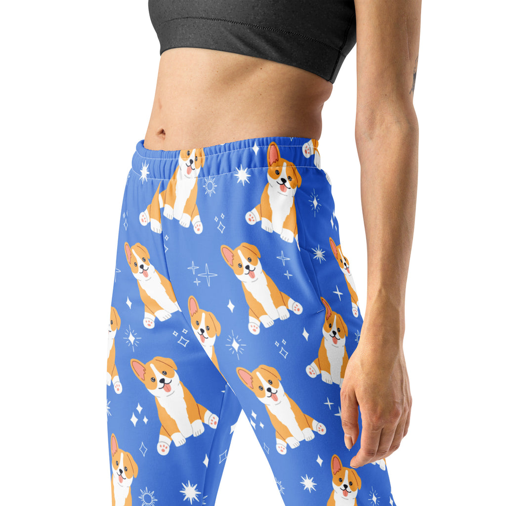 Women blue corgi dog recycled jogger pants with playful pattern cozy brushed inside fleece with pockets