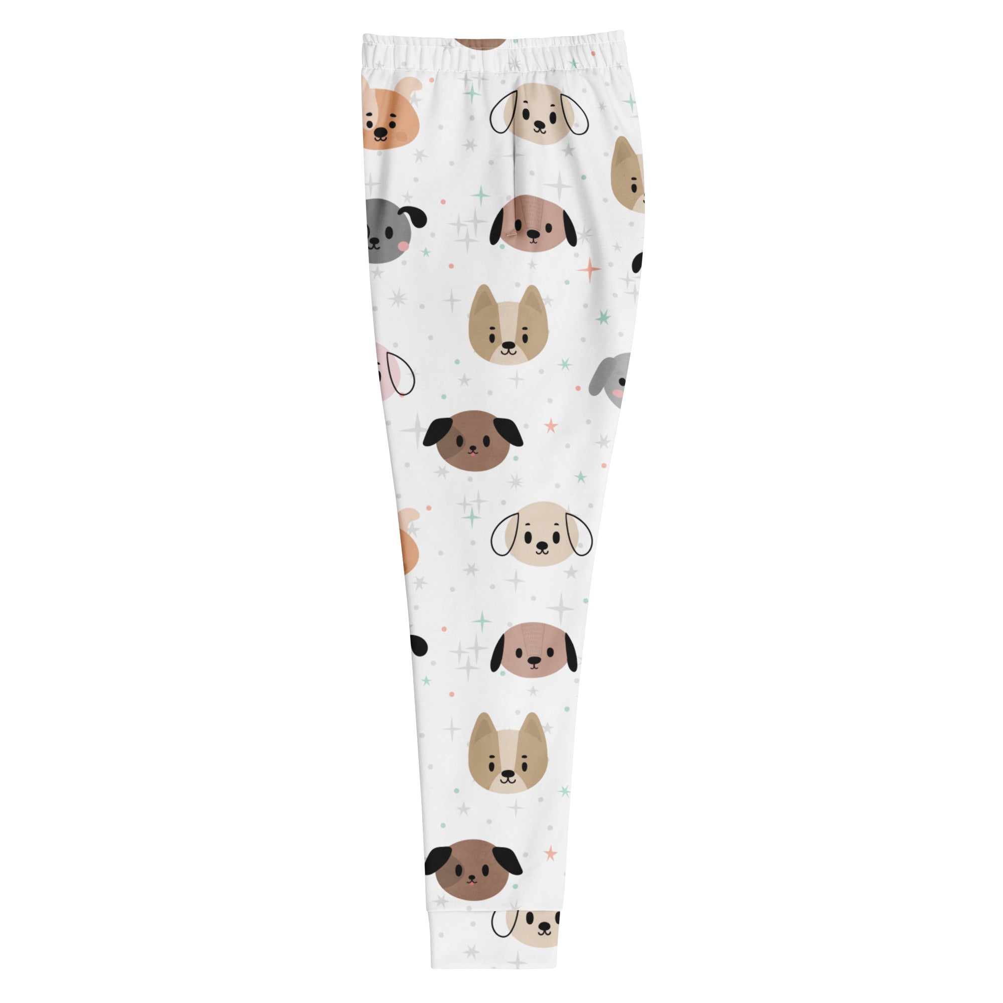 White women’s jogger pants with pockets featuring cartoon dog faces in brown gray beige cozy brushed fleece lining