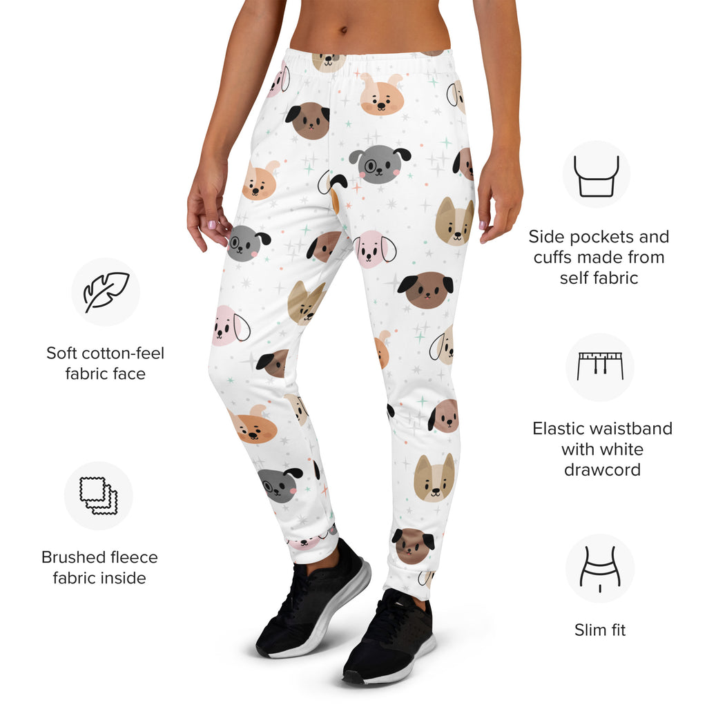 Women’s white recycled jogger pants with playful cartoon dog pattern cozy brushed fleece inside and pockets