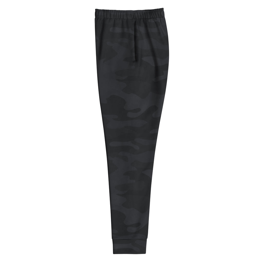 Women’s black camouflage recycled jogger pants with elastic waistband ribbed cuffs cozy brushed fleece lining