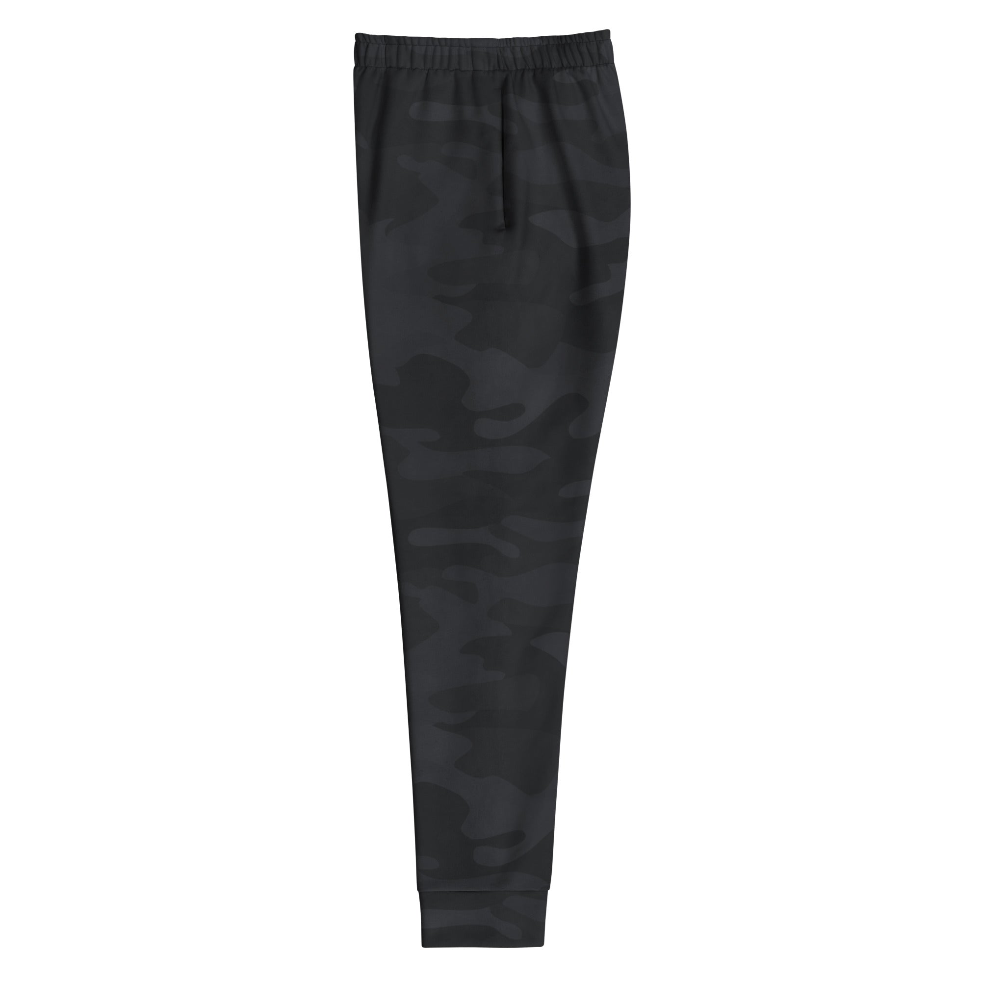 Women’s black camouflage recycled jogger pants with elastic waistband ribbed cuffs cozy brushed fleece lining