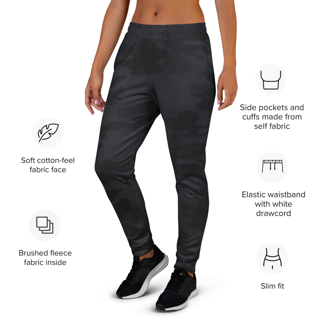 Women’s black camouflage jogger pants with soft cotton-feel fabric and cozy brushed inside fleece lining