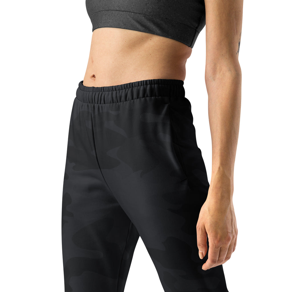 Women’s black camouflage recycled jogger pants with elastic waistband cozy brushed fleece inside and pockets