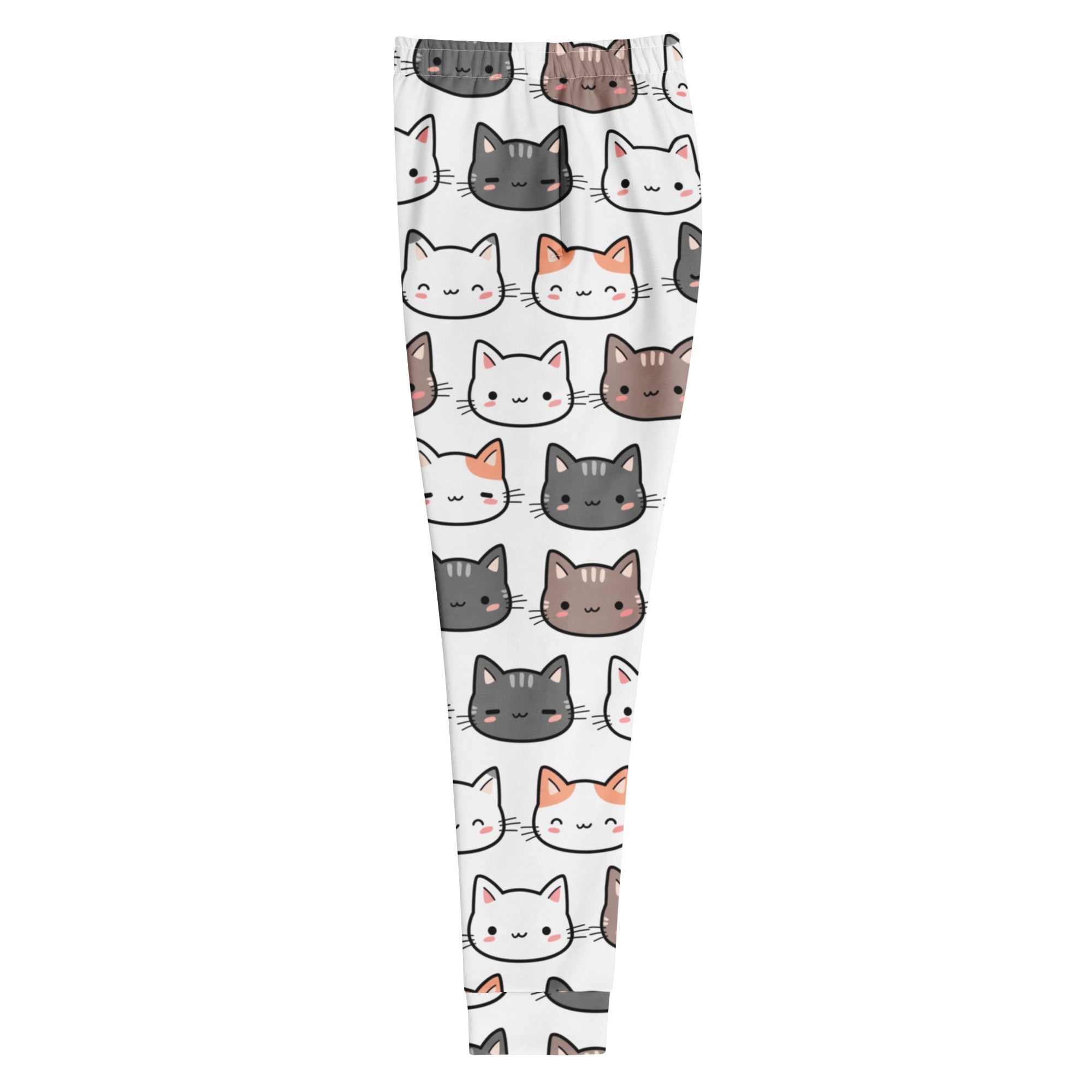 White recycled jogger pants with cozy brushed fleece inside featuring colorful cartoon cat patterns and pockets