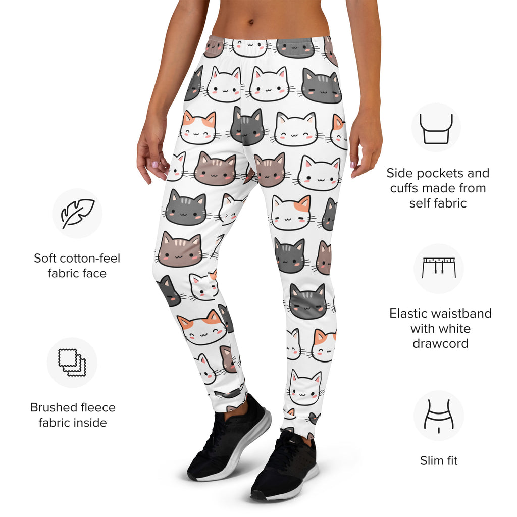 White leggings with colorful cartoon cat pattern made from cozy brushed inside fleece with pockets for women