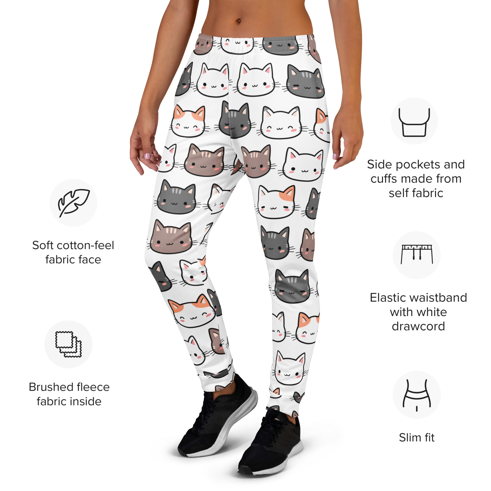 White leggings with colorful cartoon cat pattern made from cozy brushed inside fleece with pockets for women