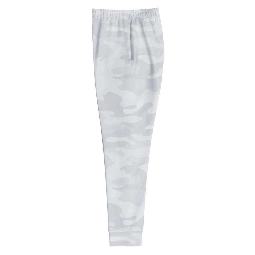 Women’s gray camouflage recycled jogger pants with soft stretchy fabric elastic waistband and cozy brushed inside fleece