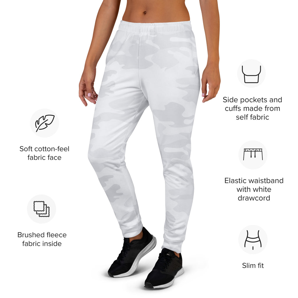 Women’s gray camouflage recycled jogger pants with white soft cotton-feel fabric and cozy brushed fleece lining