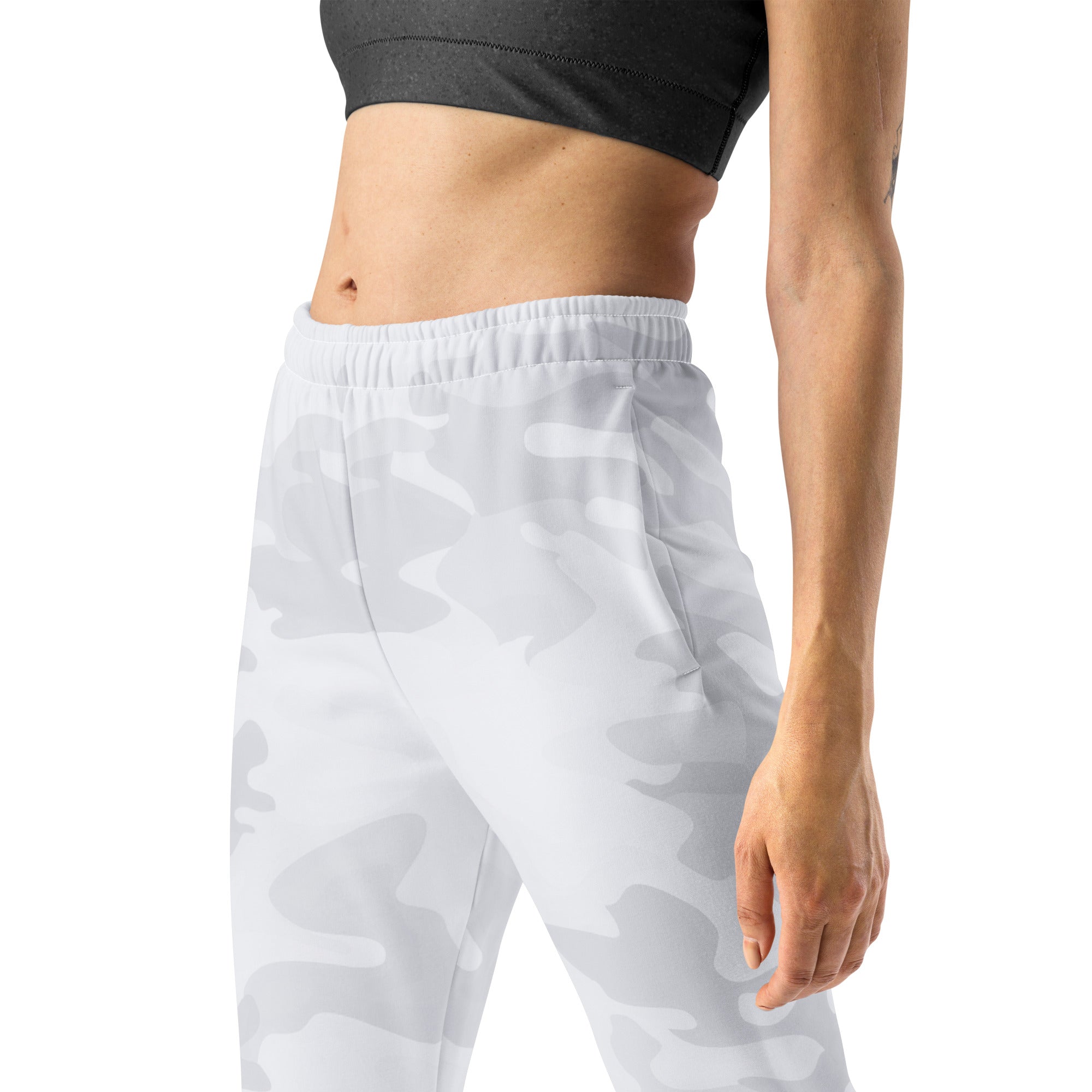 White camouflage-patterned women’s jogger pants with elastic waistband cozy brushed inside fleece and pockets
