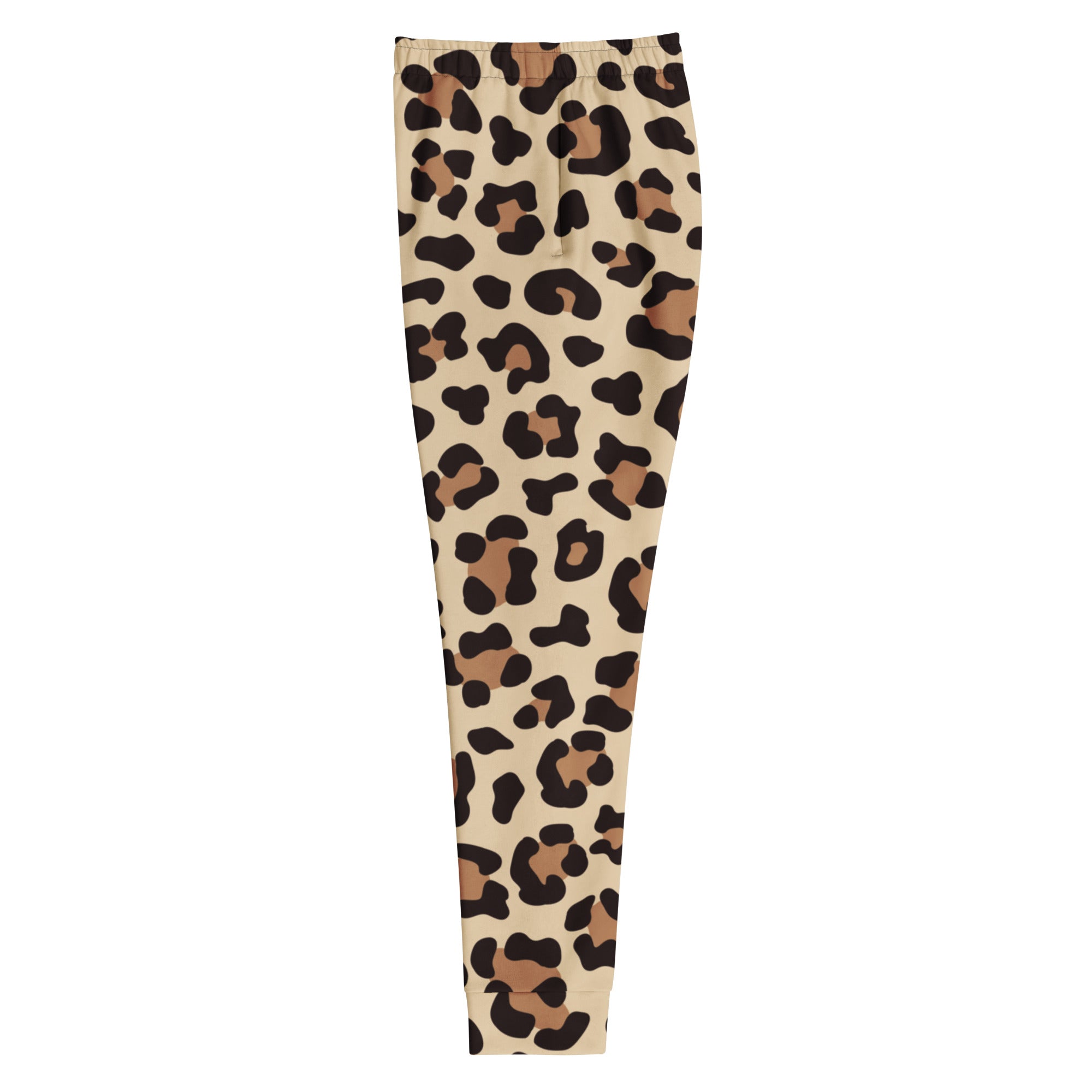 Beige leopard print recycled jogger pants with black and tan spots cozy brushed inside fleece and pockets