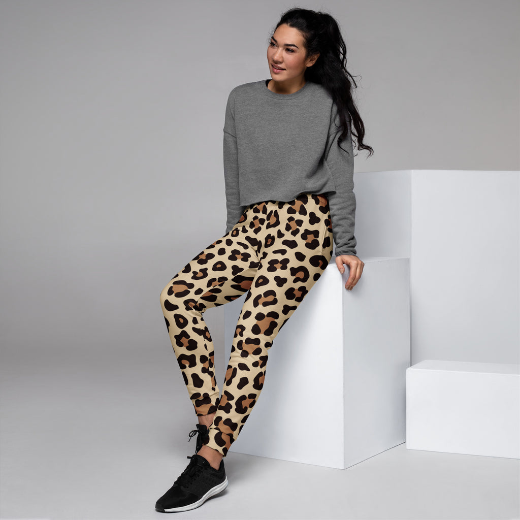 Women’s beige and brown leopard print recycled jogger pants with pockets and cozy brushed inside fleece lining