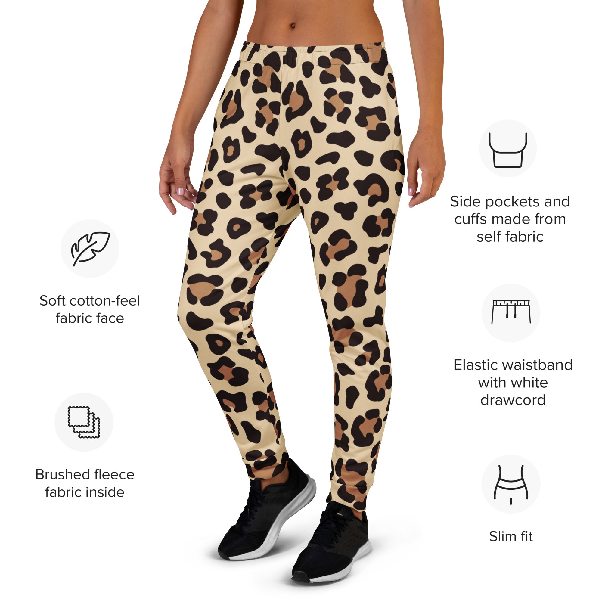 Women’s cream-colored leopard print jogger pants with soft cotton feel fabric and cozy brushed fleece lining and pockets