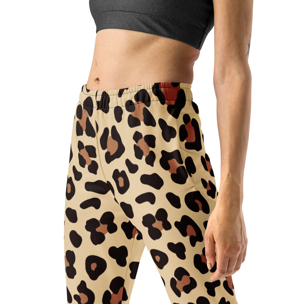 Beige leopard print recycled jogger pants with black and rust spots cozy brushed inside fleece with pockets