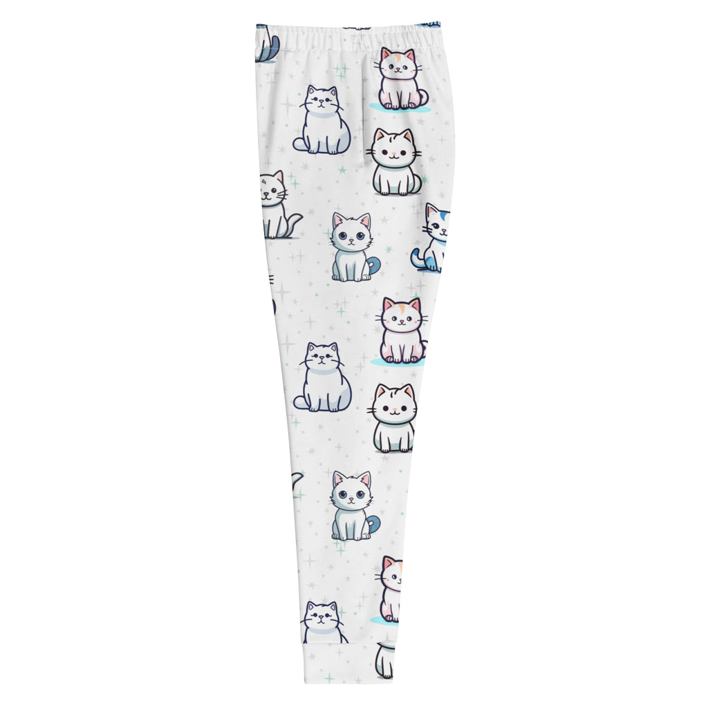 Women’s white recycled jogger pants with pockets featuring playful cartoon cat pattern and cozy brushed fleece inside