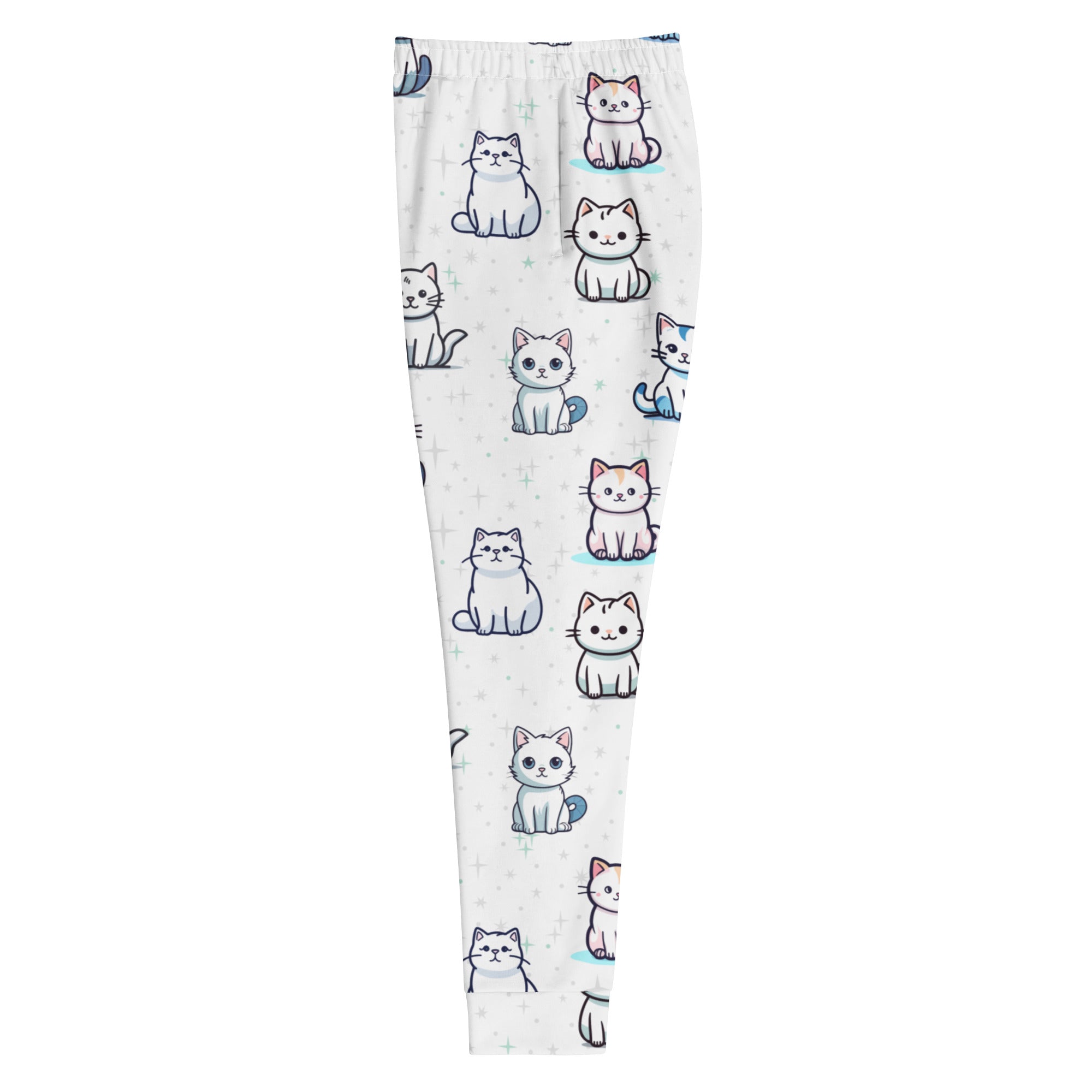 Women’s white recycled jogger pants with pockets featuring playful cartoon cat pattern and cozy brushed fleece inside