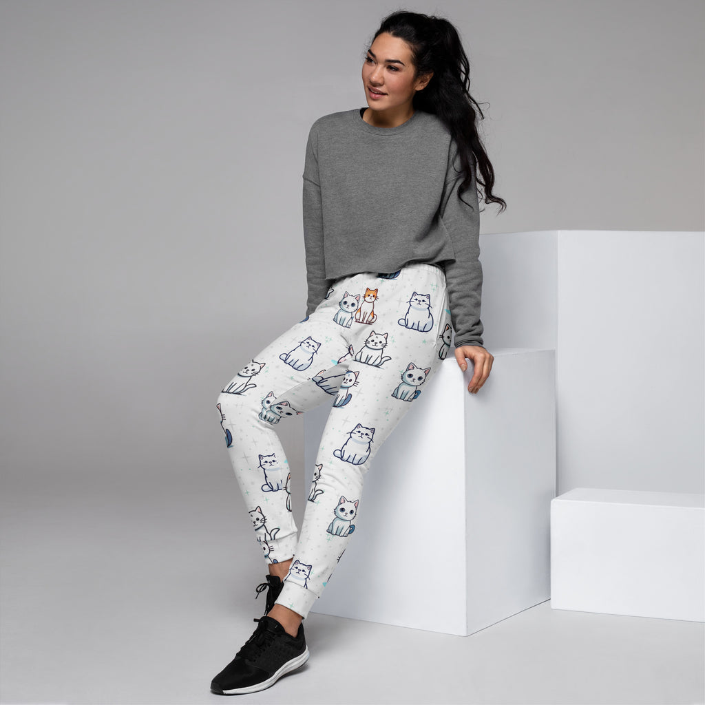 White women’s cute cat recycled jogger pants with pockets featuring playful cartoon cat pattern and cozy fleece inside