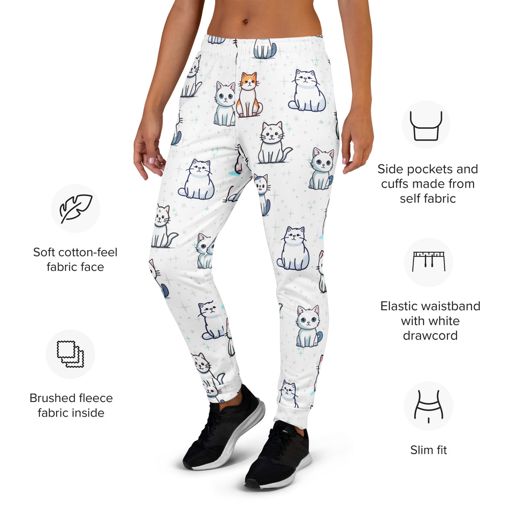 White women’s jogger pants with recycled cotton-feel fabric and brushed fleece lining featuring colorful cartoon cats