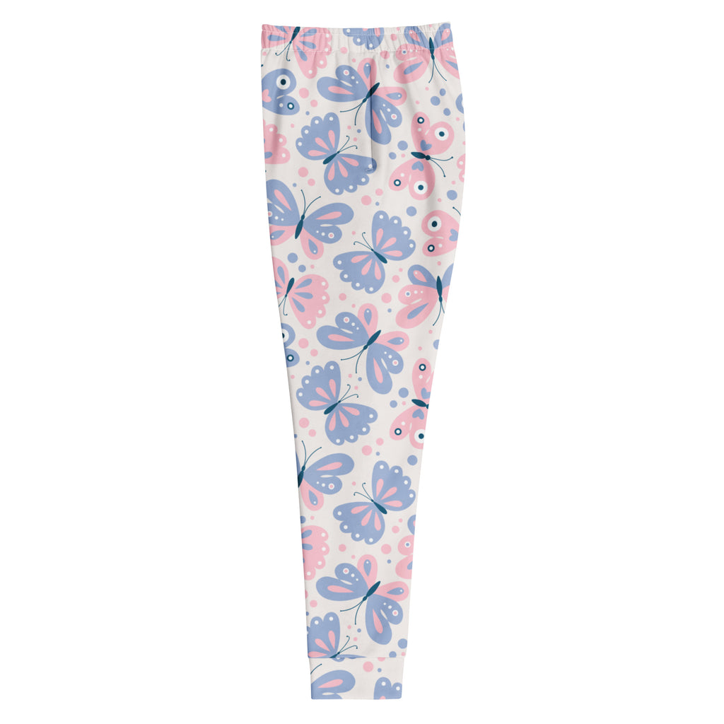 Women’s pastel pink and blue butterfly pattern recycled jogger pants with soft stretchy fabric and cozy brushed fleece lining