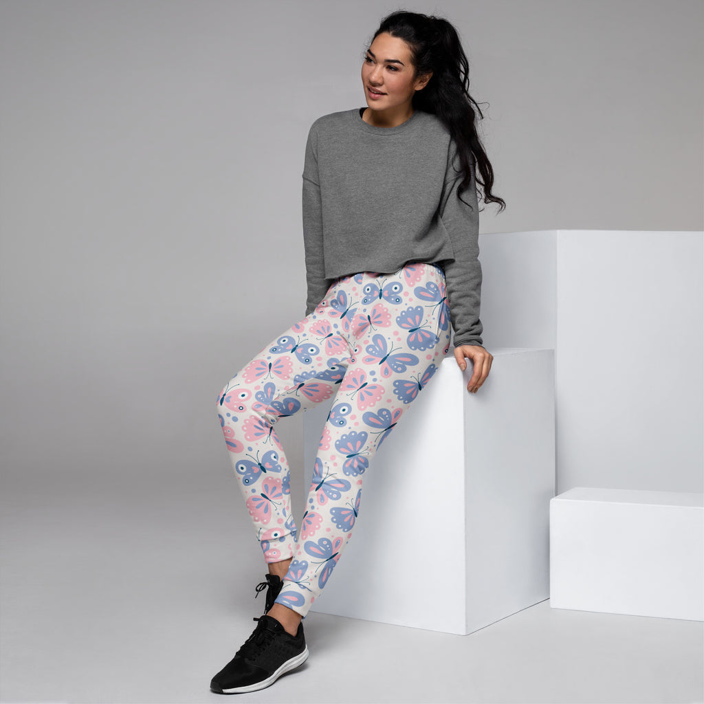 Women’s butterfly recycled jogger pants with pink and blue butterfly pattern cozy brushed fleece inside and pockets