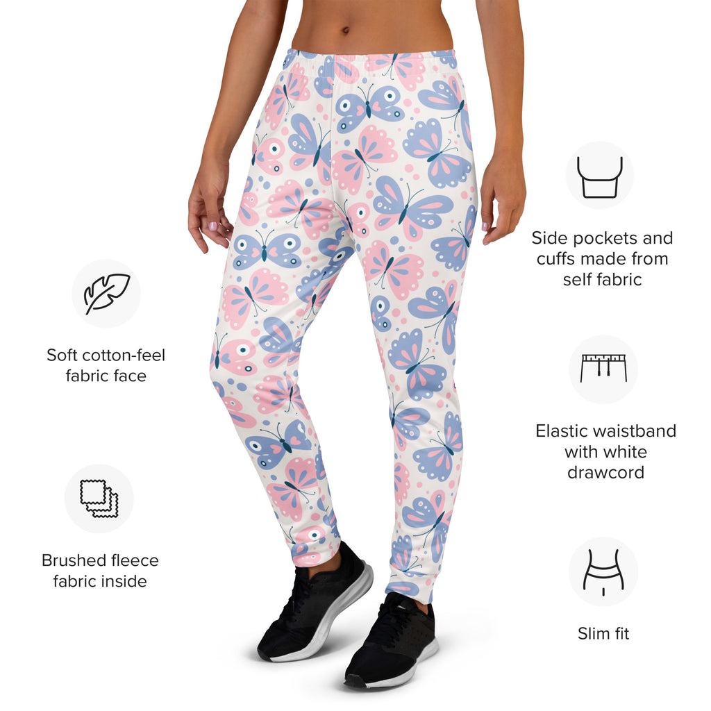 Women’s butterfly recycled jogger pants with pink and blue butterfly pattern and cozy brushed cotton-feel fleece interior