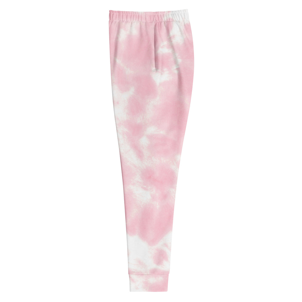 Women’s pink and white tie dye recycled jogger pants with elastic waistband cozy brushed fleece interior