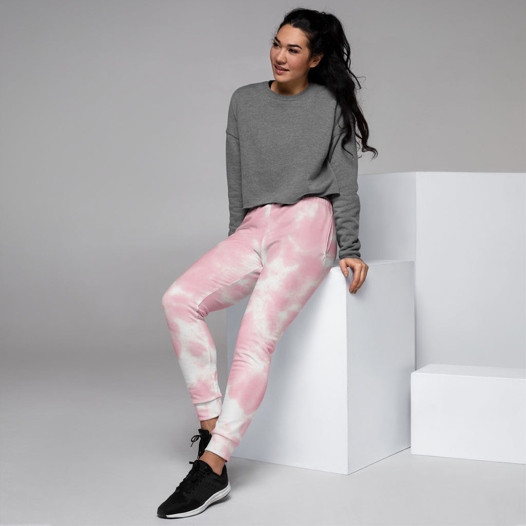 Women’s pink and white tie-dye jogger pants with pockets cozy brushed inside recycled fleece material