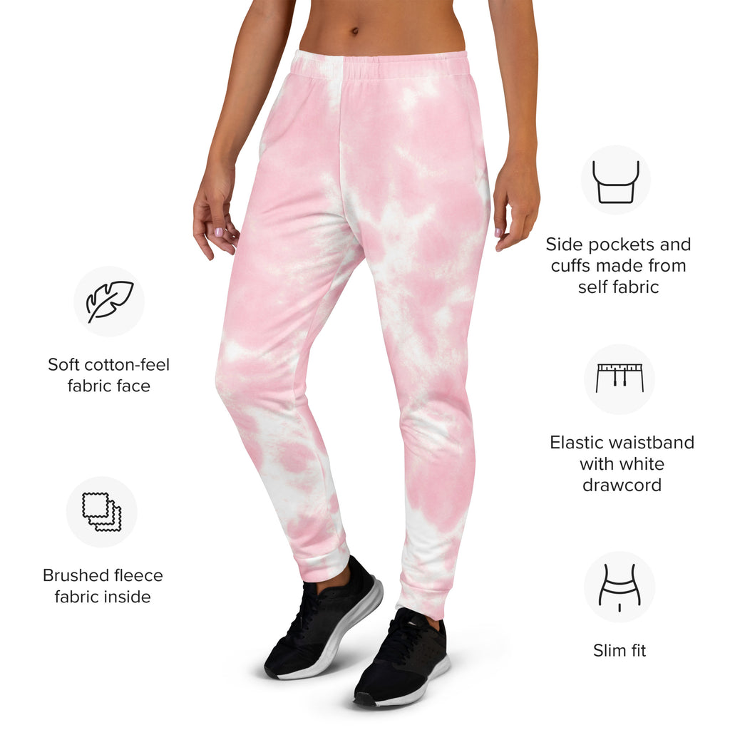 Women’s pink and white tie-dye recycled jogger pants with soft cotton feel and cozy brushed fleece lining with pockets