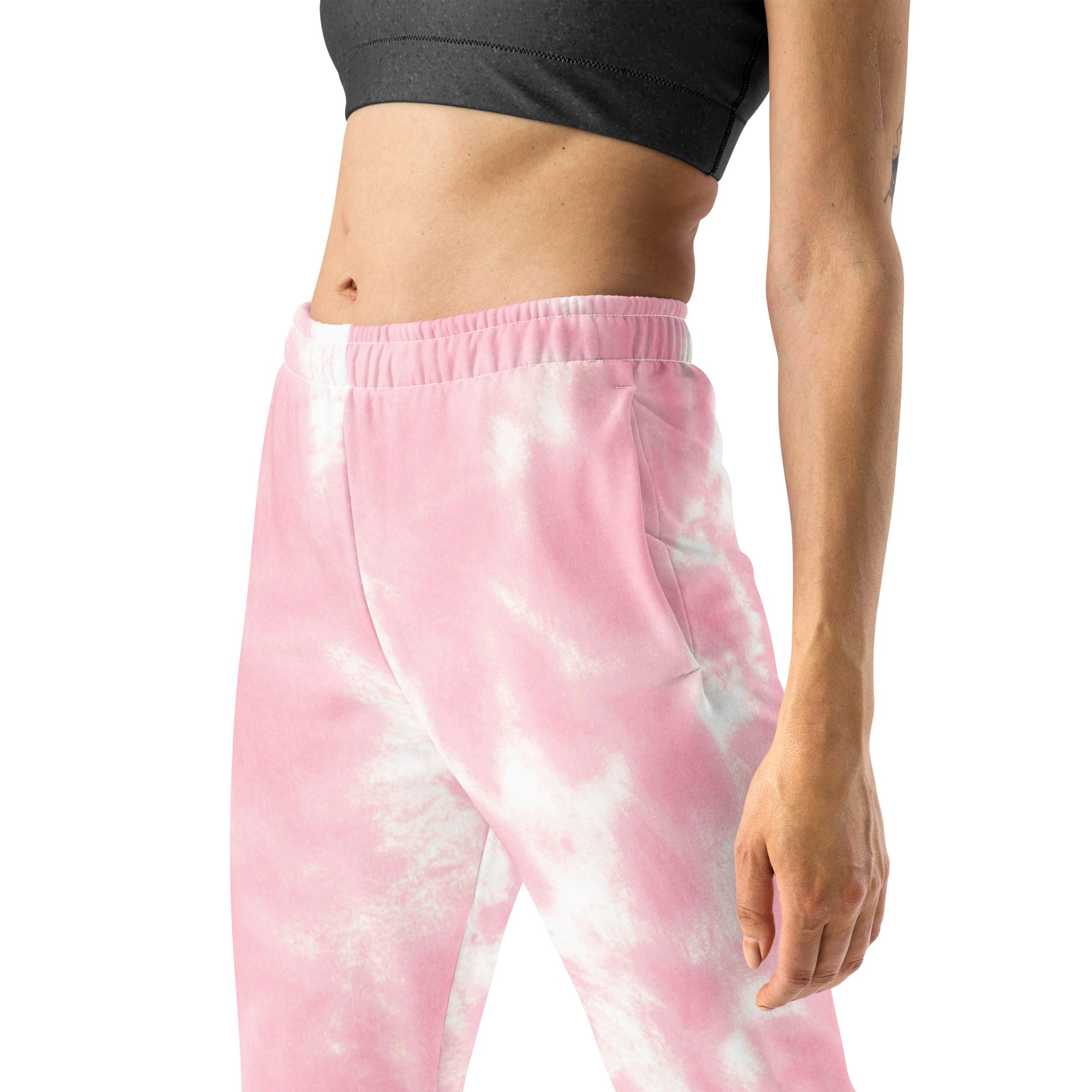 Women’s pink and white tie-dye recycled jogger pants with elastic waistband cozy brushed inside fleece