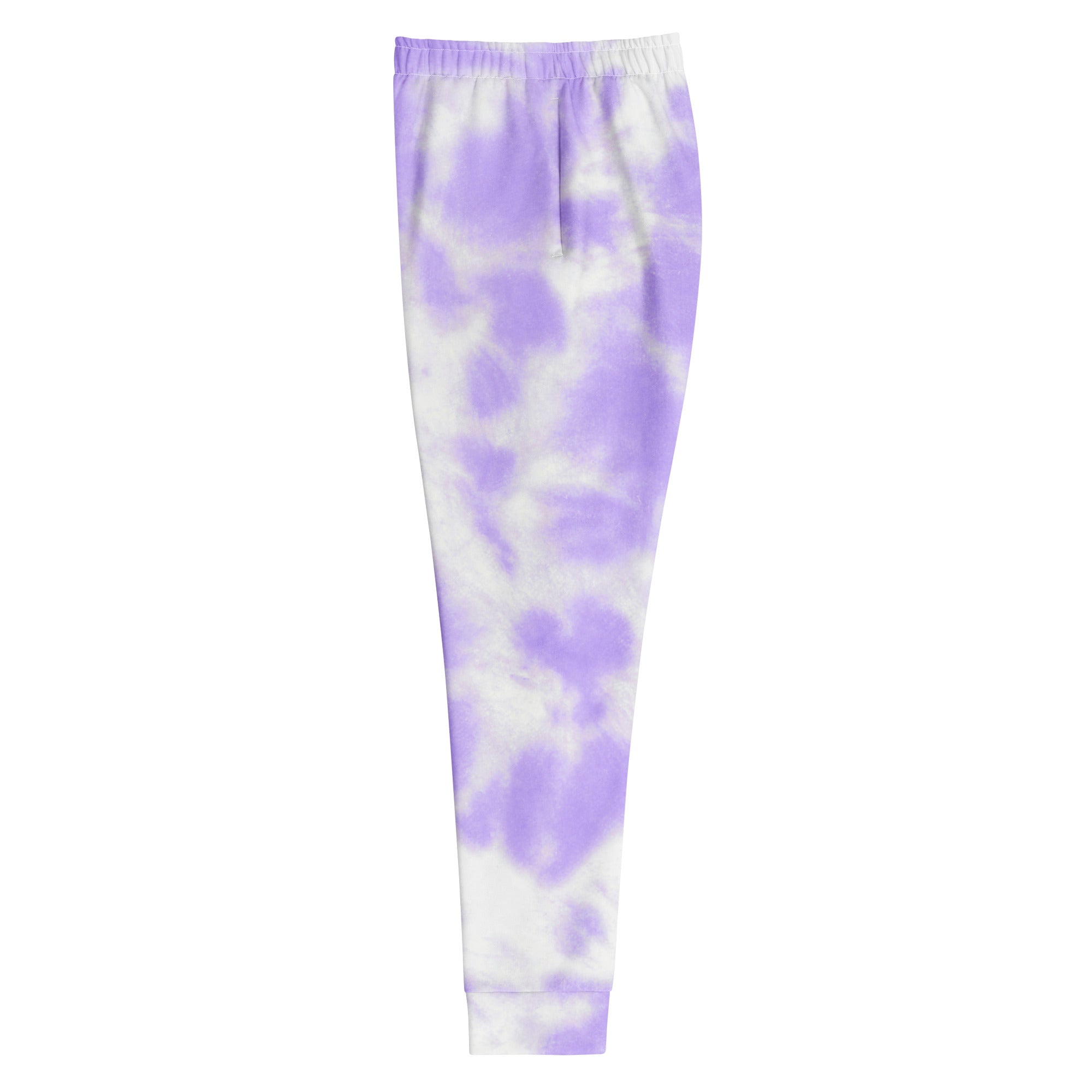 Women’s purple and white tie-dye recycled jogger pants with elastic waistband cozy brushed fleece interior and pockets