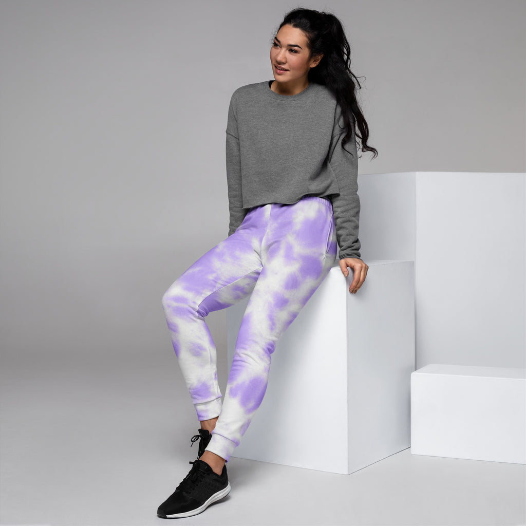 Women’s purple and white tie-dye recycled jogger pants with pockets and cozy brushed inside fleece lining