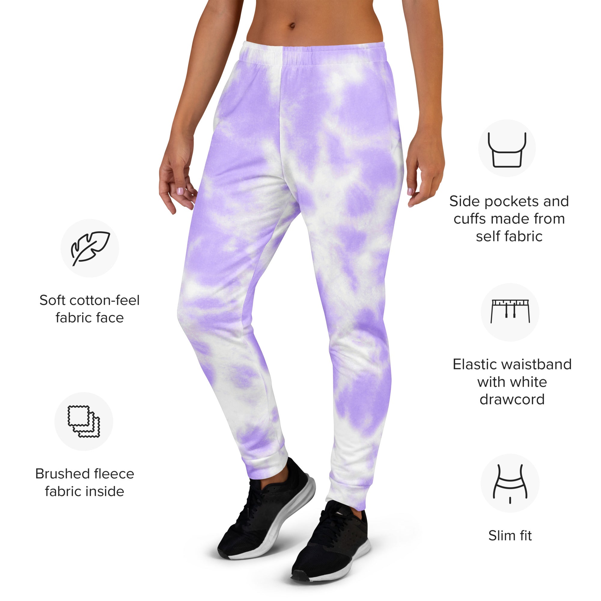 Women’s purple and white tie dye jogger pants with soft cotton feel fabric and cozy brushed fleece lining with pockets