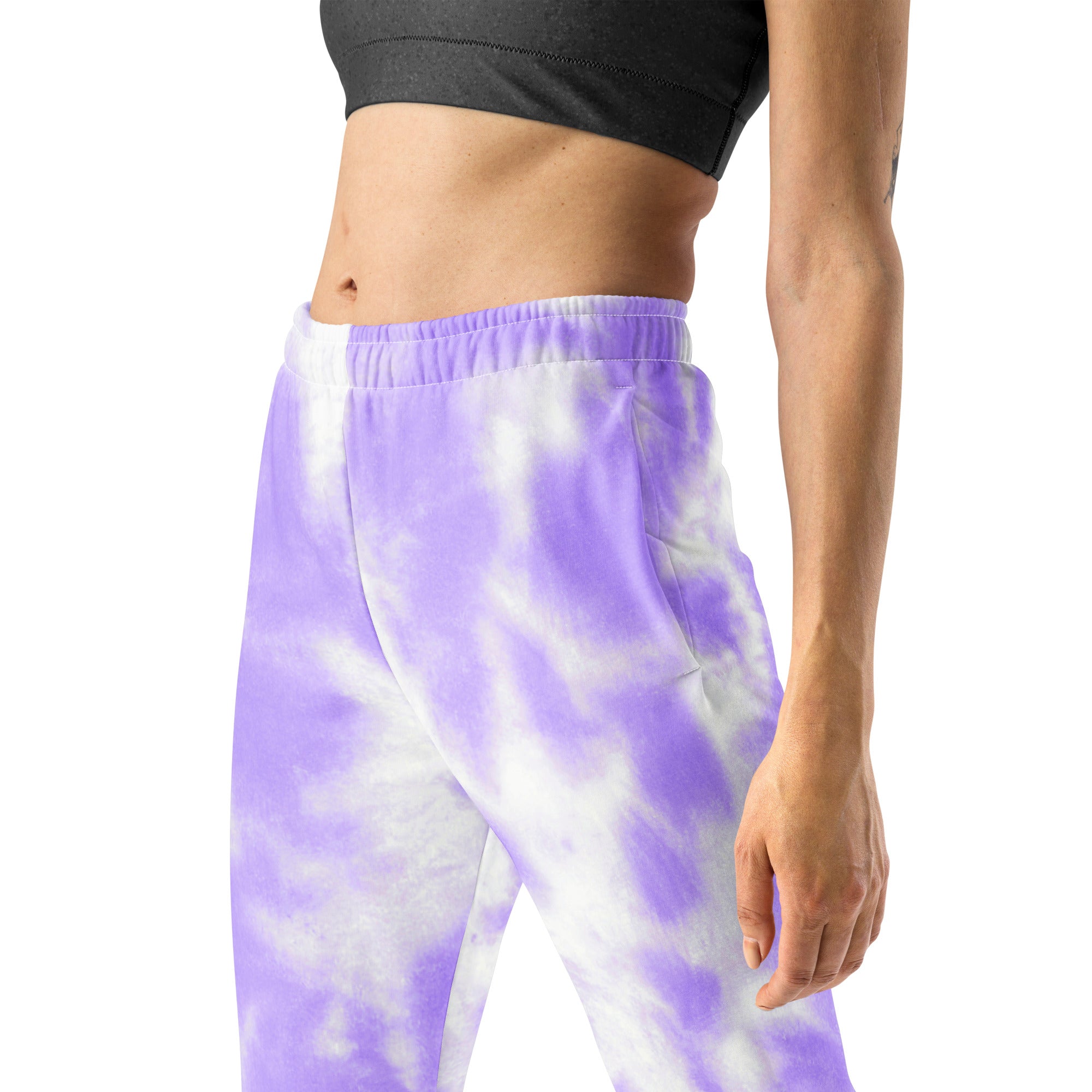 Women’s purple and white tie-dye recycled jogger pants with elastic waistband cozy brushed fleece lining