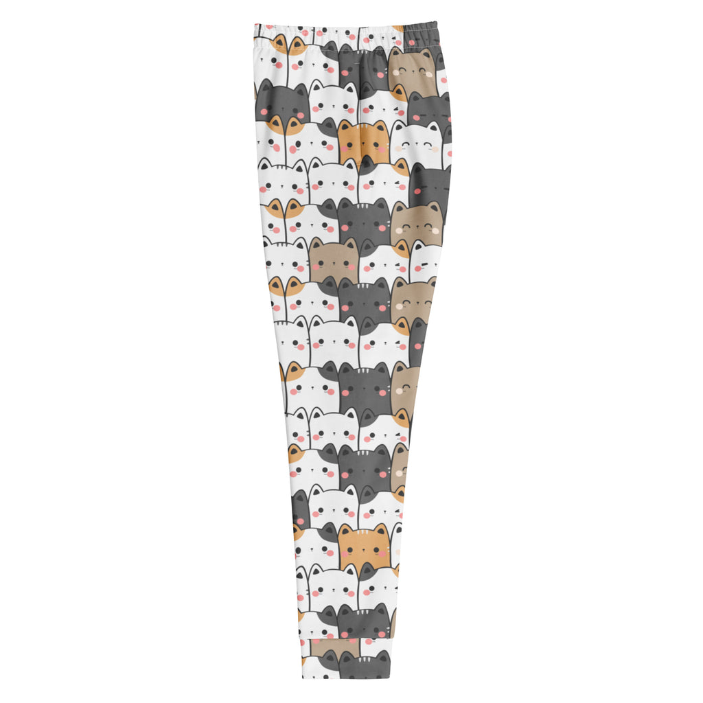 Women’s white recycled jogger pants with cozy fleece inside and a kawaii multicolor cat pattern with pockets
