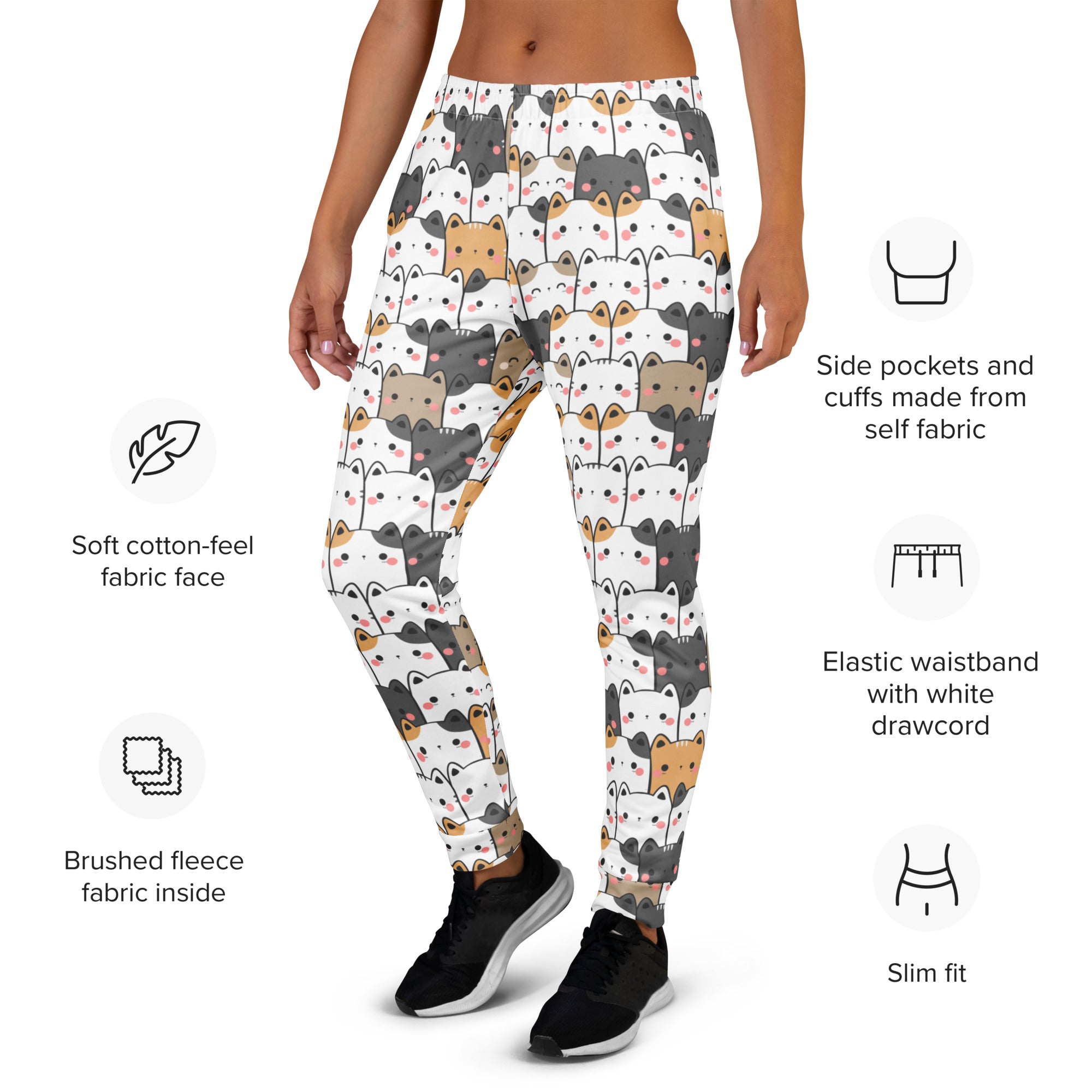 Women’s kawaii cat white recycled jogger leggings with gray brown and white cats pink cheeks cozy fleece lining