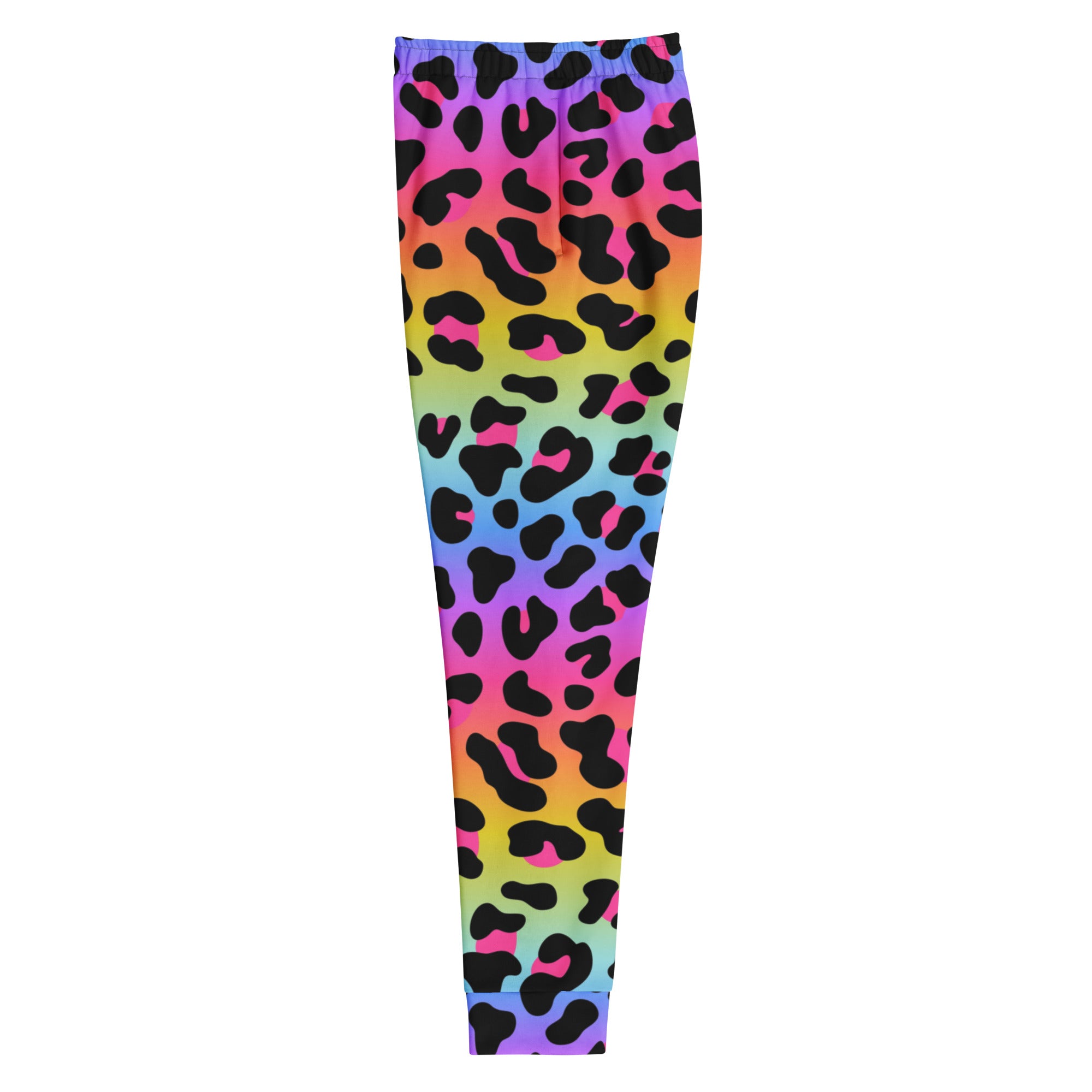 Women’s rainbow gradient leopard print recycled jogger pants with black spots pink accents and cozy fleece lining