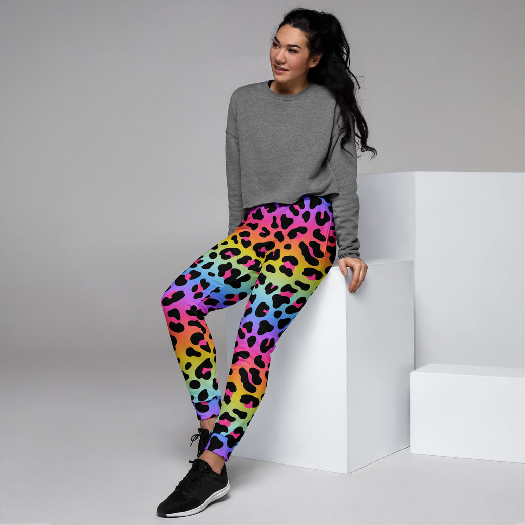 Women’s rainbow leopard recycled jogger pants with pockets featuring cozy brushed inside fleece material