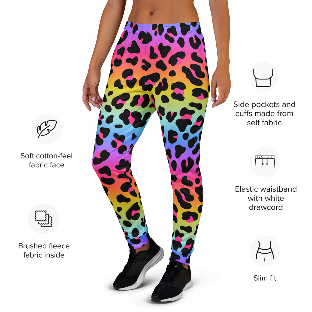 Women’s rainbow leopard recycled jogger pants with soft cotton-feel fabric face and cozy brushed fleece lining