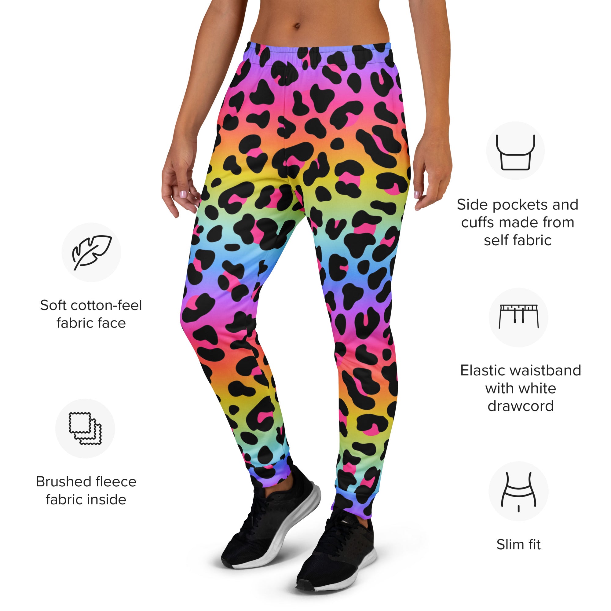 Women’s rainbow leopard recycled jogger pants with soft cotton-feel fabric face and cozy brushed fleece lining