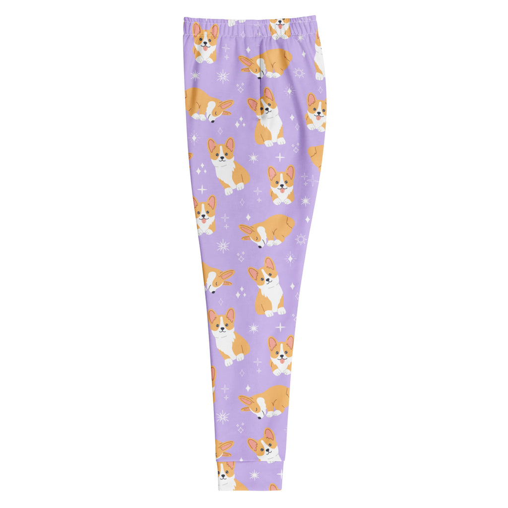 Women’s purple corgi dog recycled jogger pants with pockets featuring playful tan and white cartoon corgis and stars