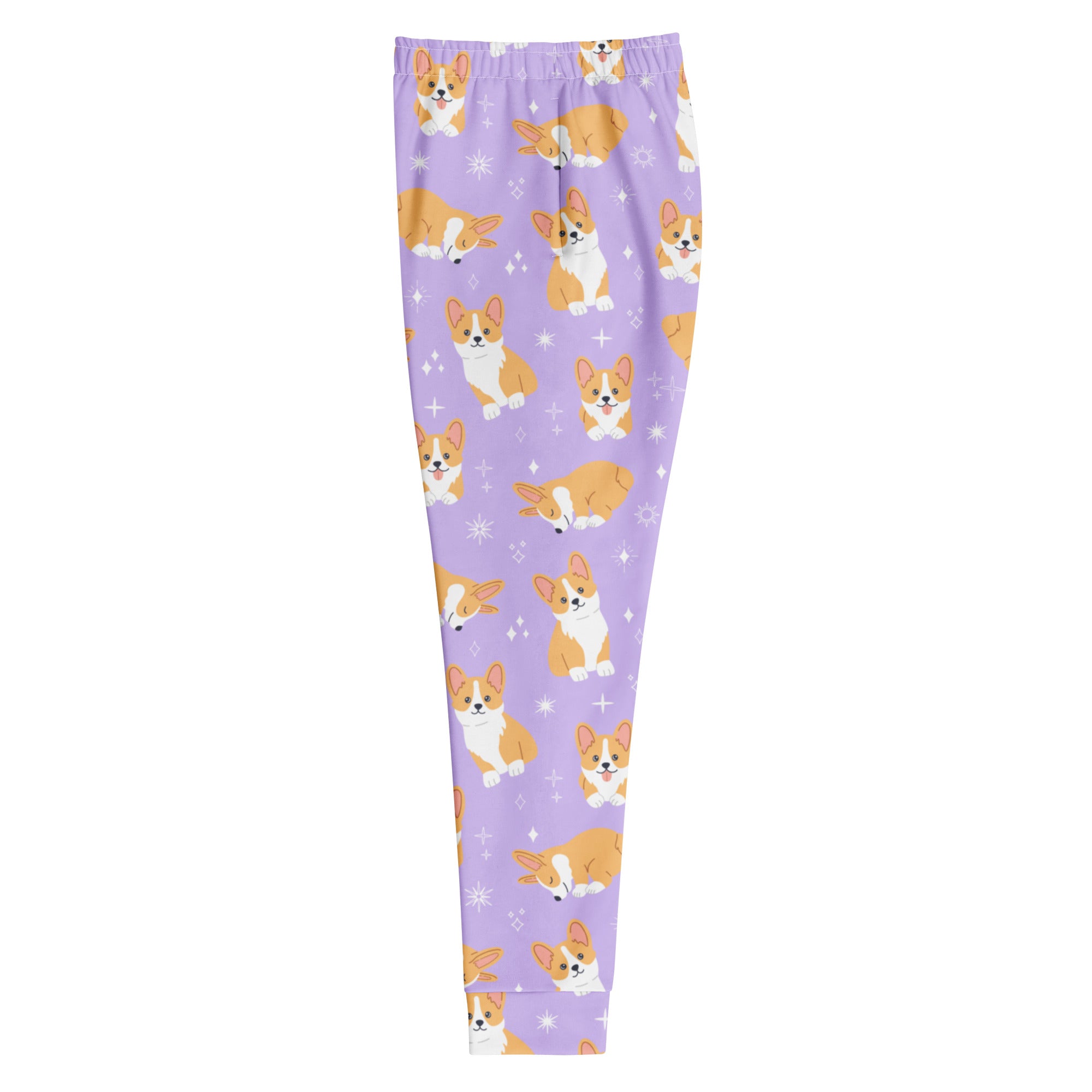 Women’s purple corgi dog recycled jogger pants with pockets featuring playful tan and white cartoon corgis and stars