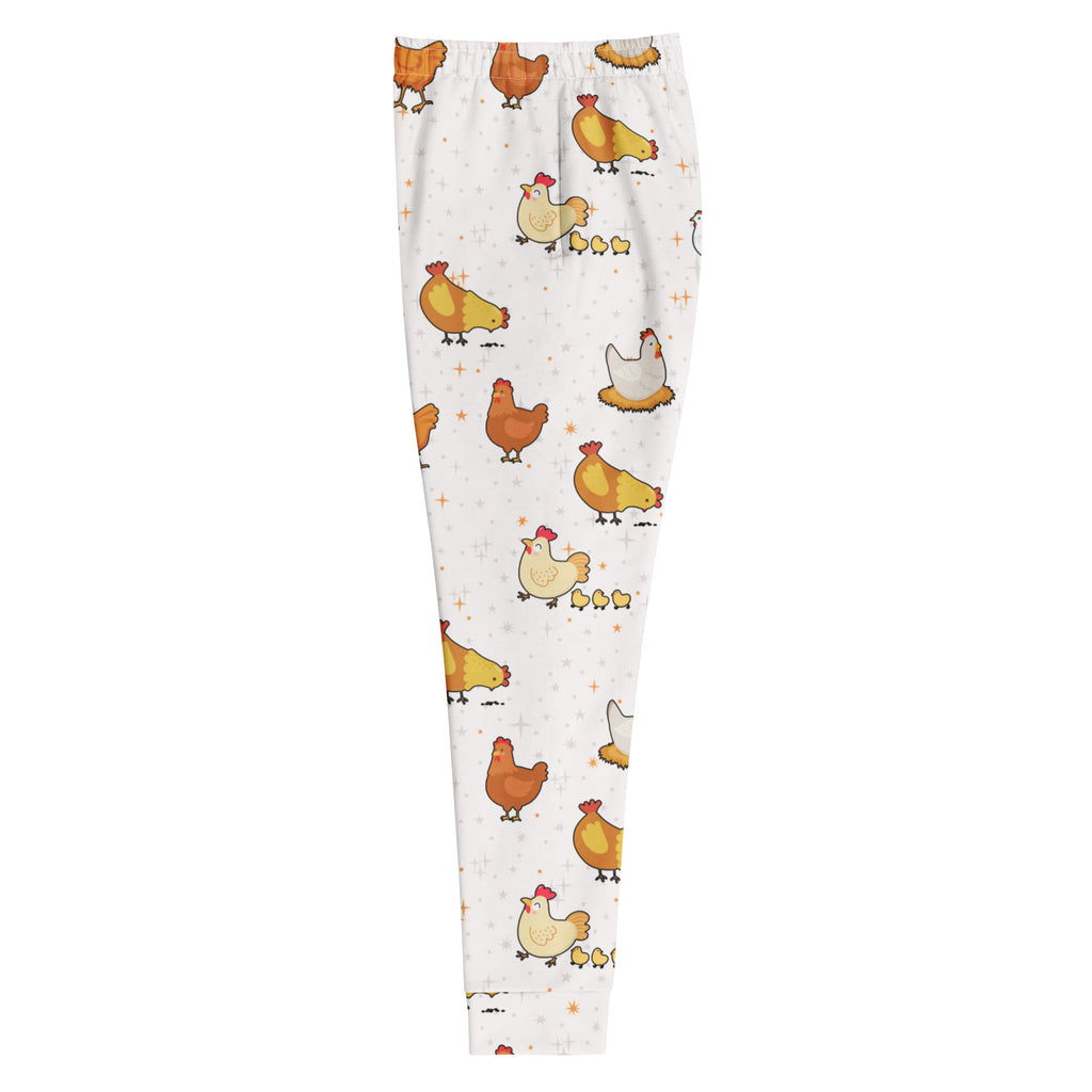 White women’s chicken recycled jogger pants with playful cartoon chicken pattern cozy brushed inside fleece